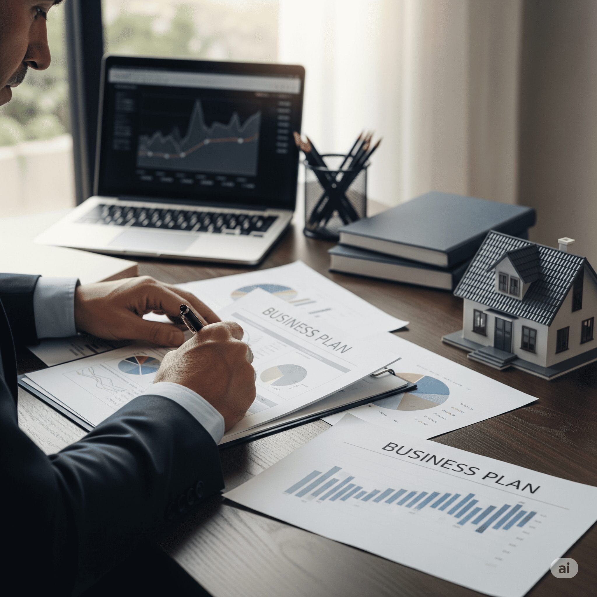 Uomo che crea un business plan immobiliare perfetto per un investimento